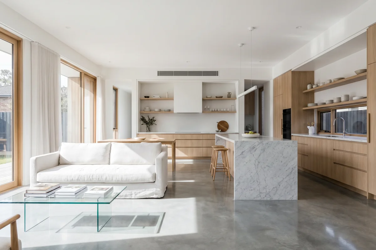 Polished concrete floor in a bright open-plan kitchen and living space
