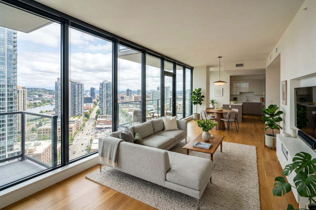Gleaming hardwood floors in a high-rise condo with city views